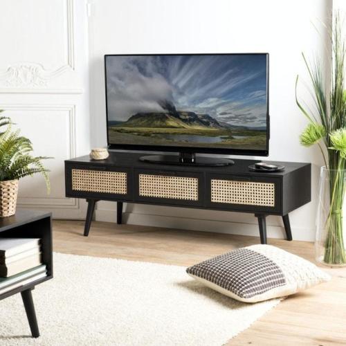 Meuble TV en bois noir avec cannage PALMA 